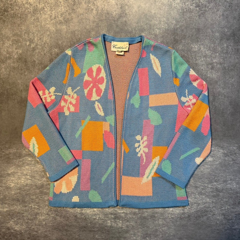 Vtg Castlebrook Abstract Graphic Knit Cardigan Sweater Womens L 12 USA Made Blue